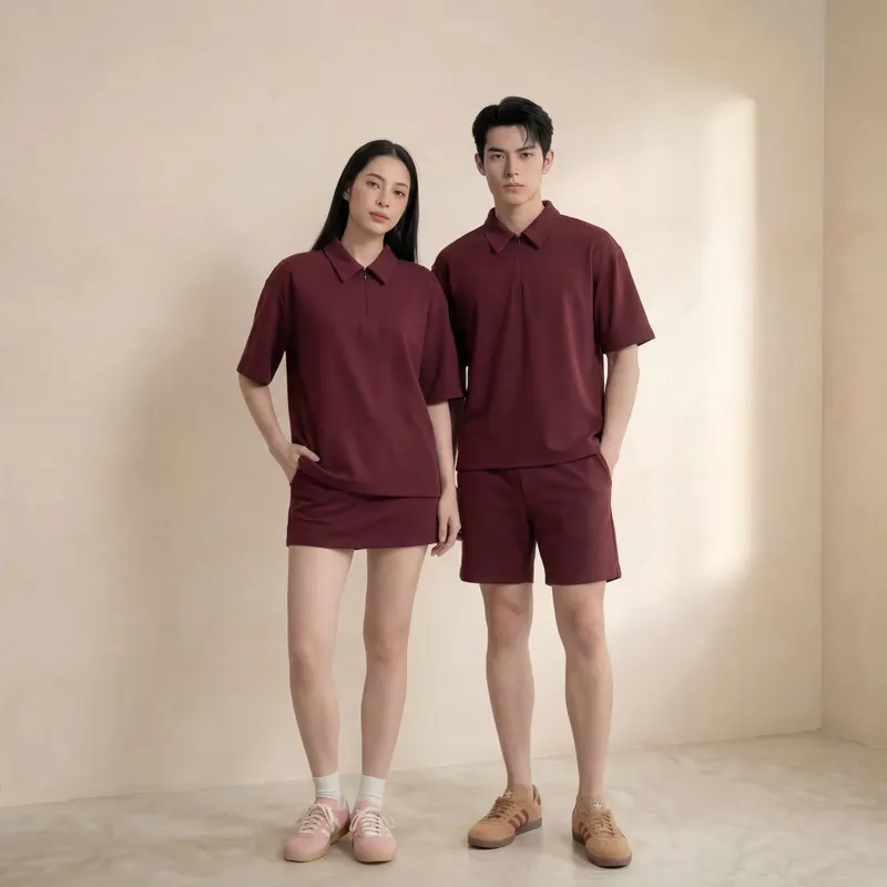 Couple — Wine Polo Set — AI fashion photography