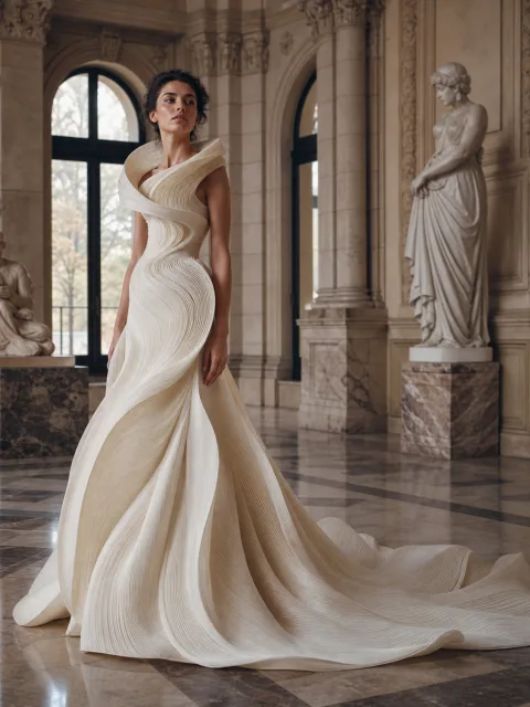 Ivory couture gown with train in a marble atelier