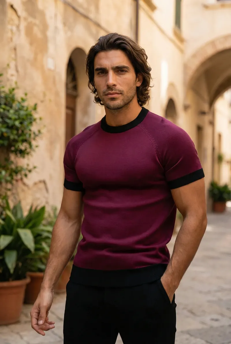 ai product photography by AI Studio — menswear burgundy ringer