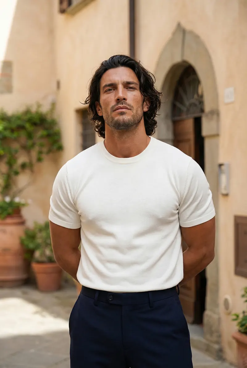 ai product photography by AI Studio — menswear ivory crew