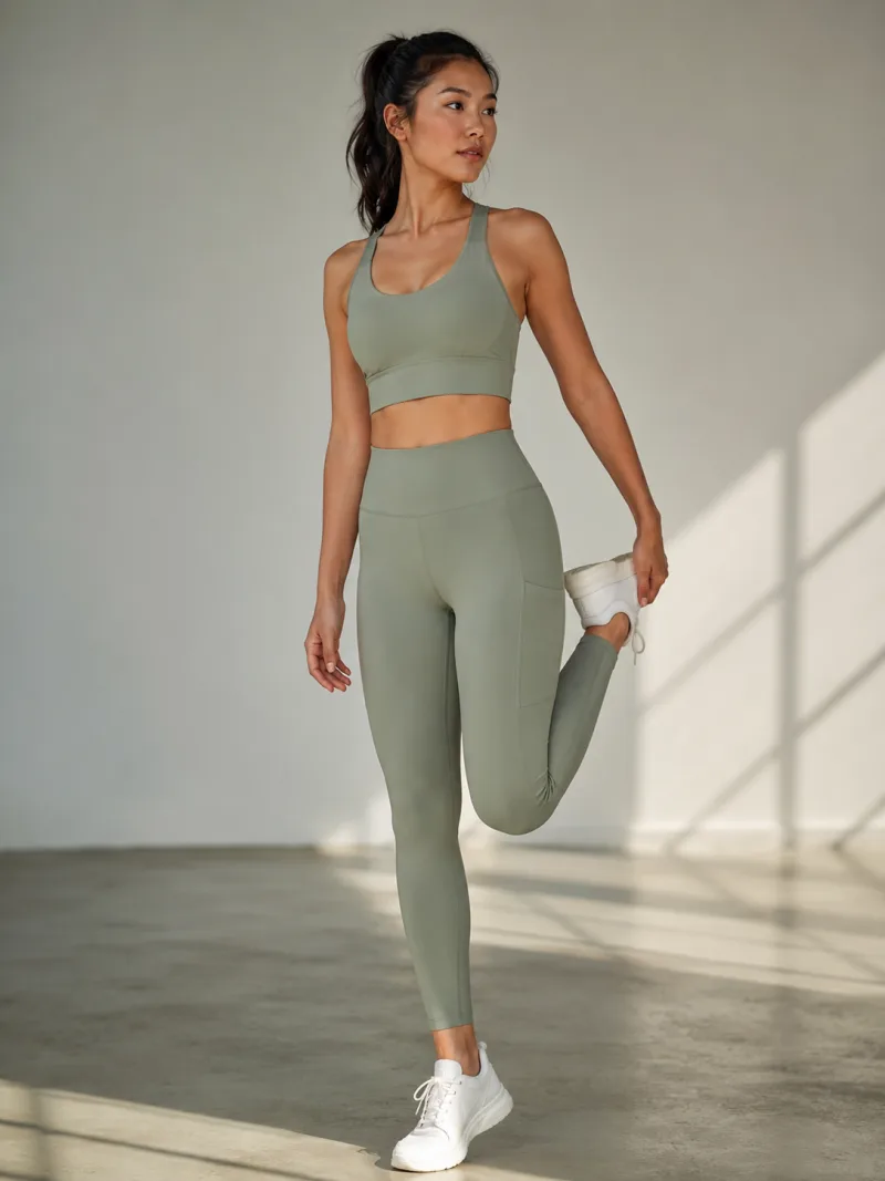 AI model in a sage activewear set, athleisure studio shot