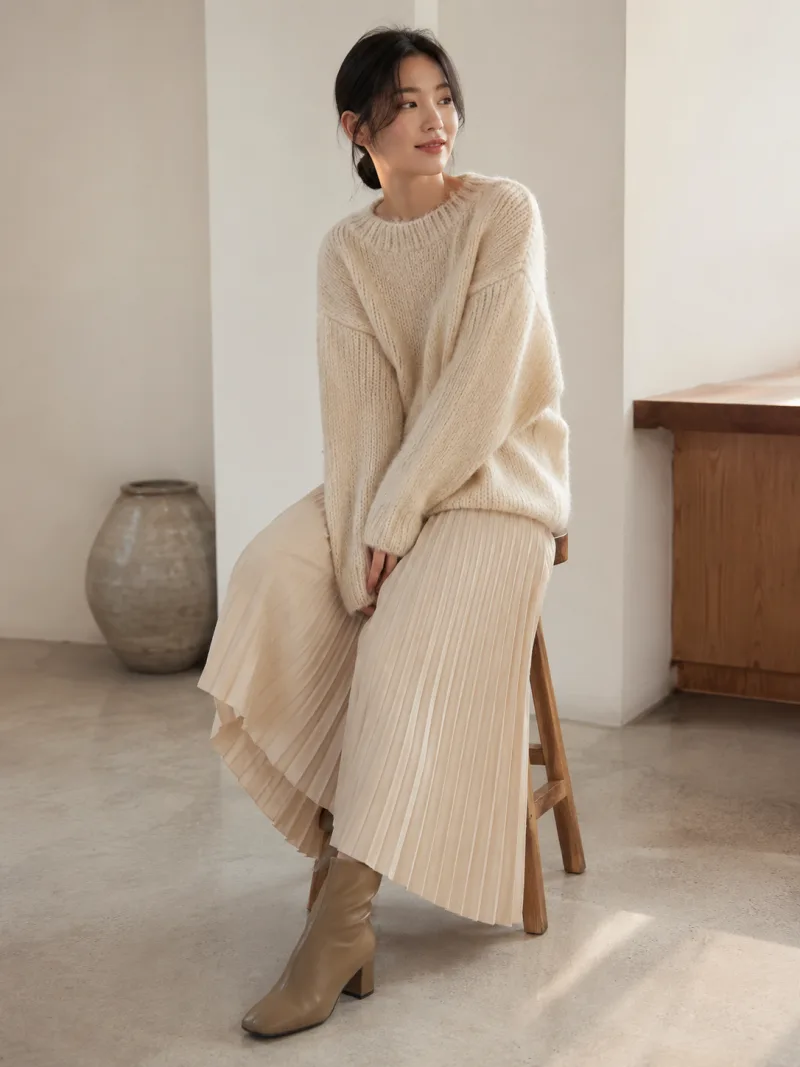 AI model in a cream knit sweater and pleated skirt, lookbook style