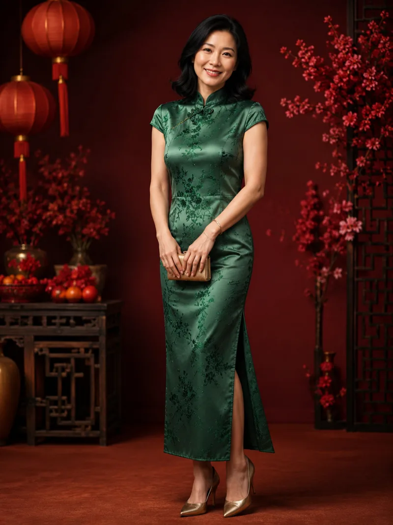 AI model in a modern jade cheongsam-inspired dress