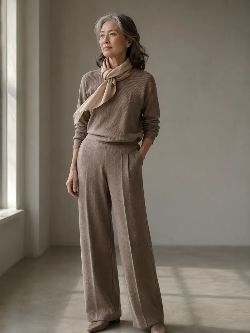 Senior AI model in an elegant taupe knit ensemble