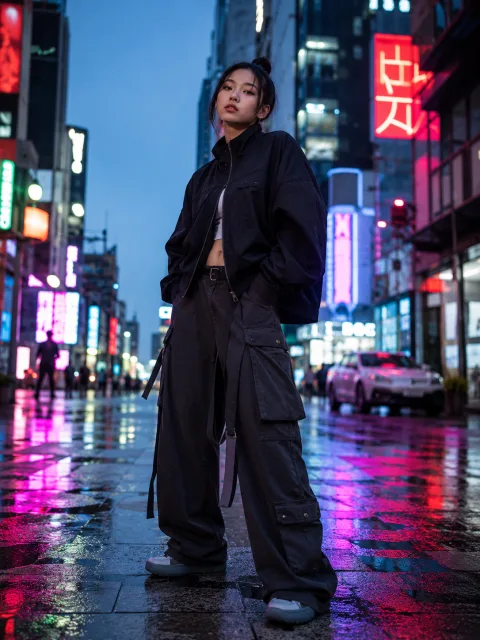 Streetwear model in an urban night scene with neon lighting