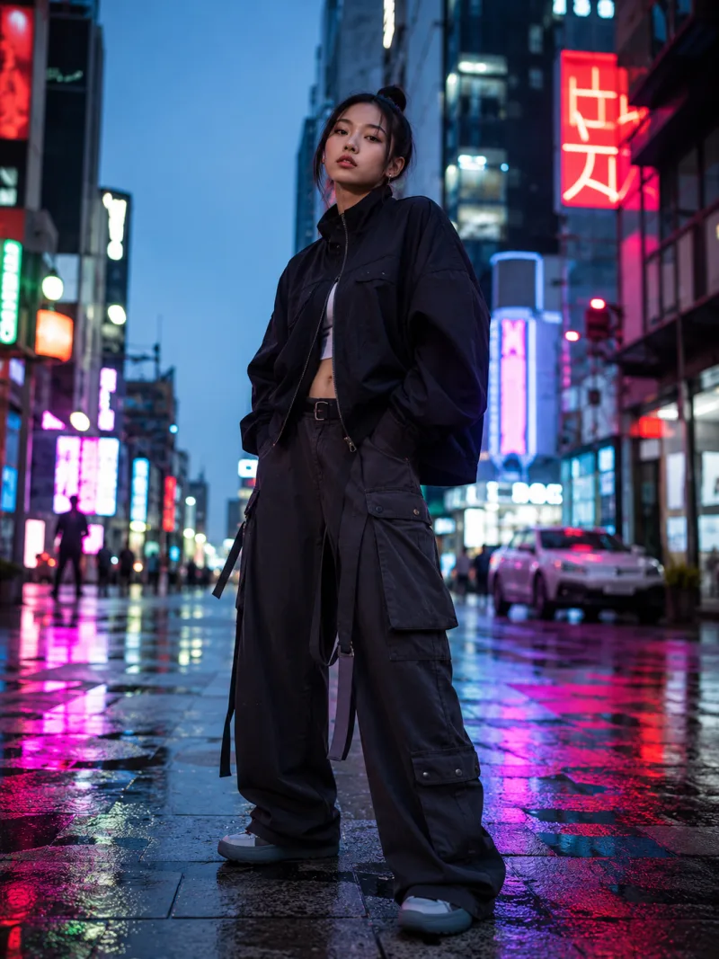 AI model in oversized streetwear on a neon-lit city street