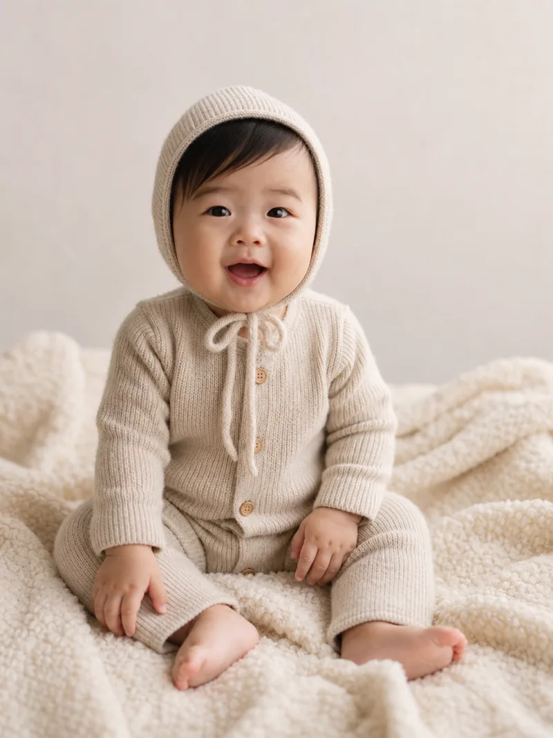 Baby AI model in a knit onesie on a boucle blanket