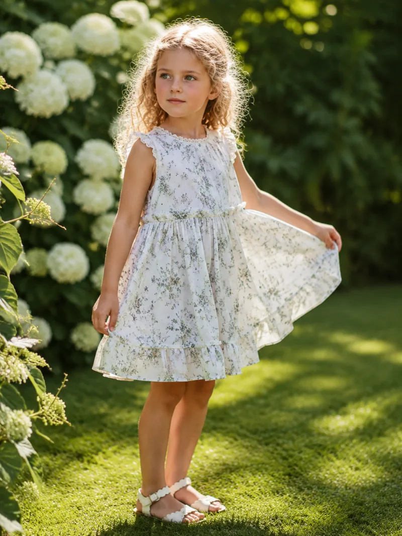 Child AI model in a floral summer dress in a sunlit garden