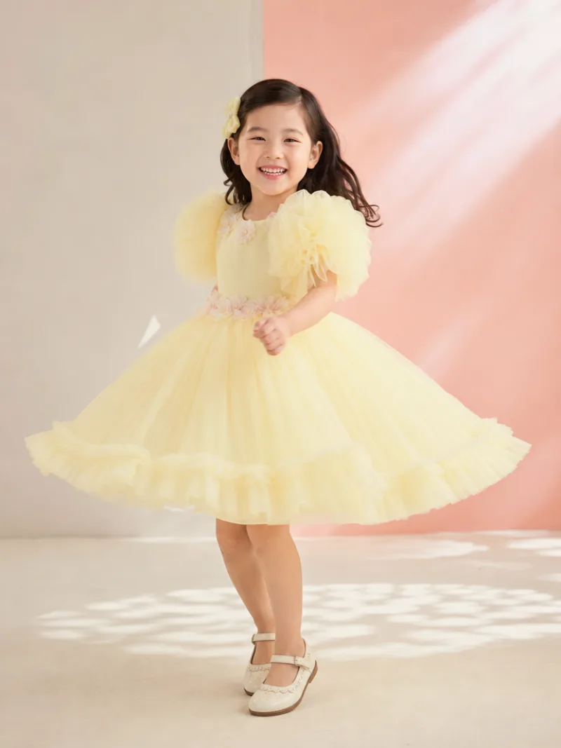 Child AI model in a pastel party dress, kidswear campaign