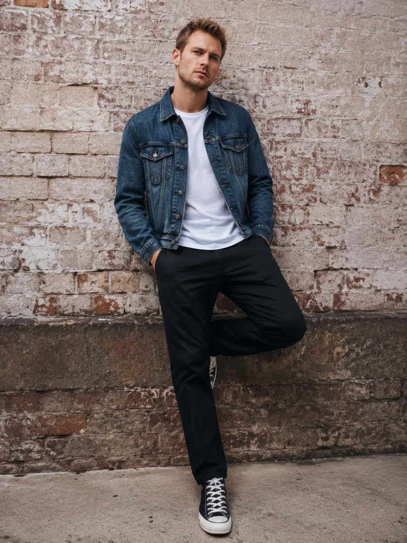 Male model in relaxed street style photographed outdoors in natural daylight