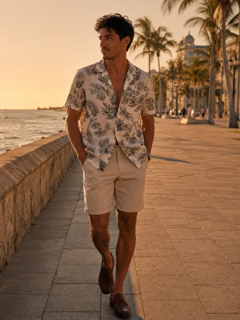 Male AI model in a printed resort shirt on a coastal promenade