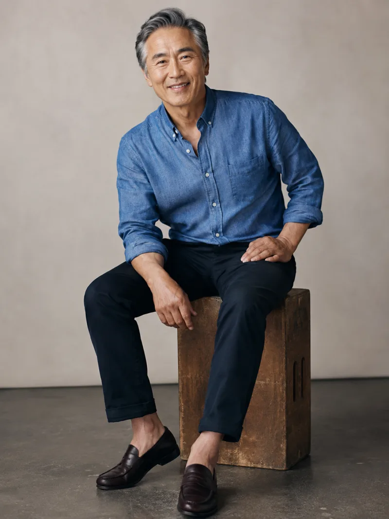 Senior male AI model in a chambray shirt, studio portrait