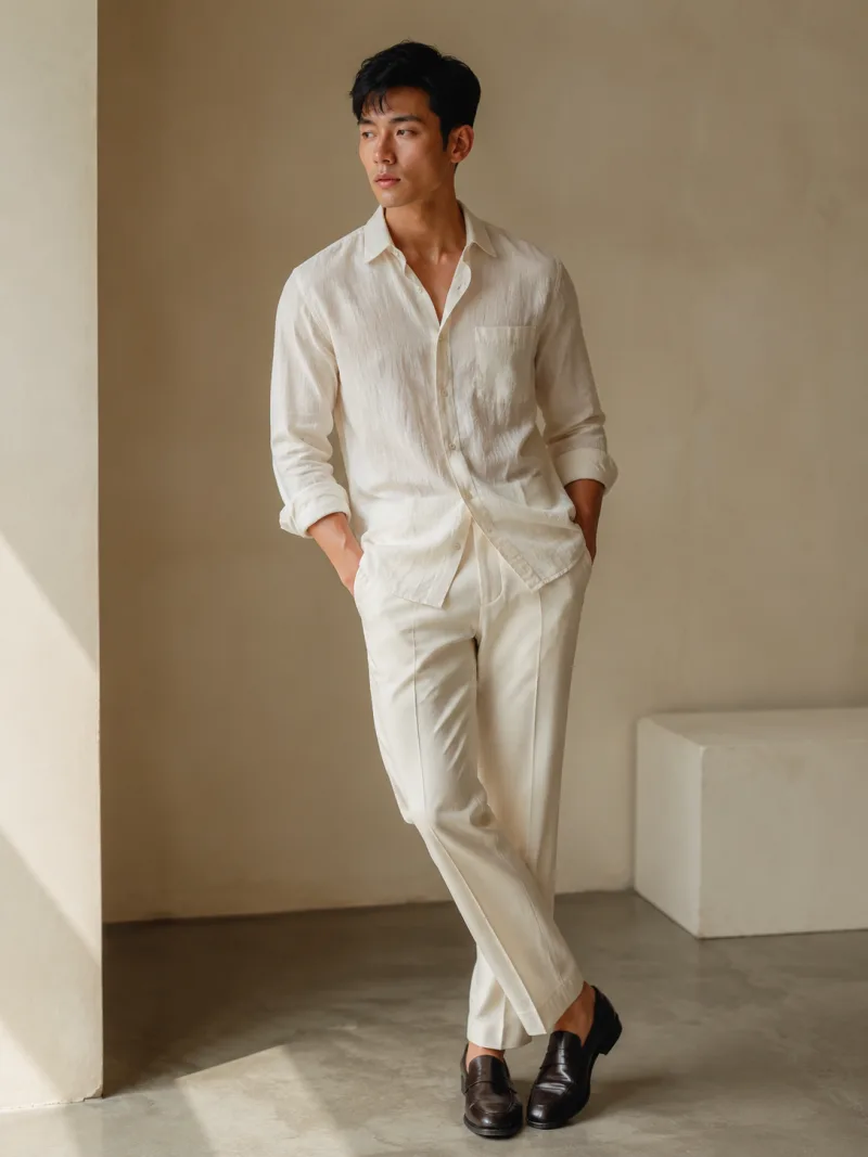 Male AI model in an off-white linen shirt, smart-casual editorial