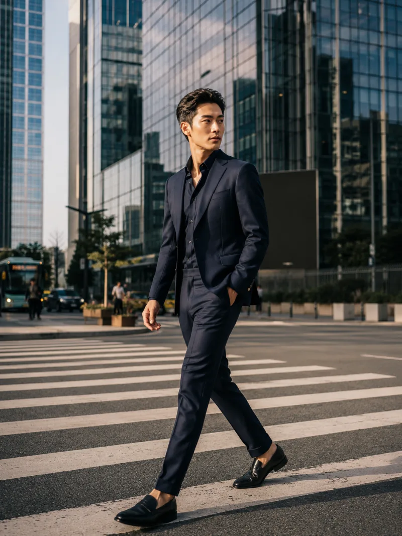 Male model in a tailored navy suit standing against a plain studio wall