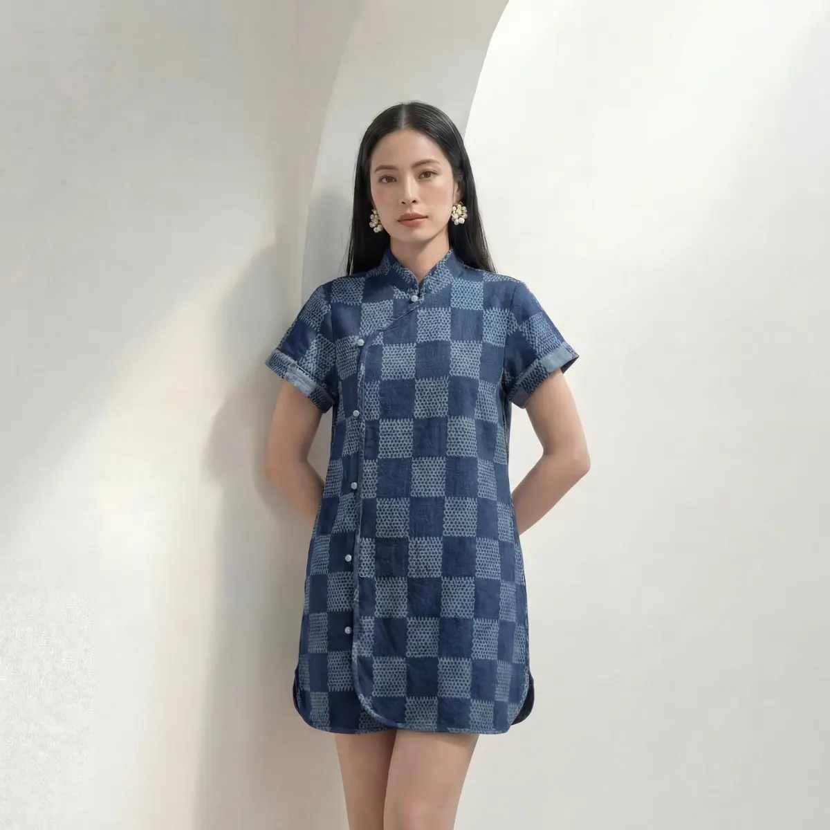 Monogram cheongsam crop detail — AI fashion photography