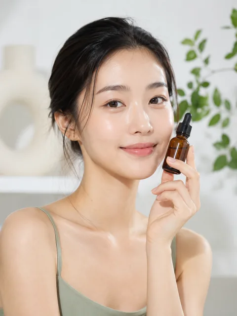 Serum bottle with dropper in a softly lit product scene