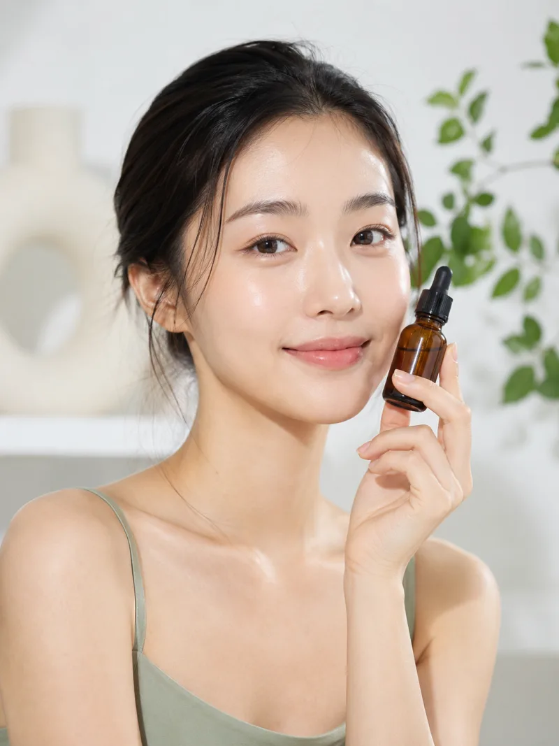 AI beauty campaign — model holding a serum bottle, skincare product photography