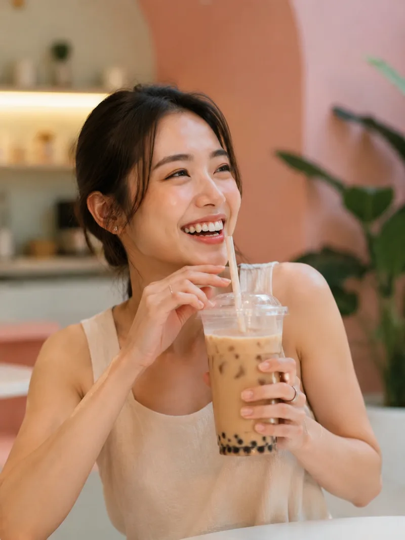 AI beverage advertisement — model with iced milk tea in a cafe
