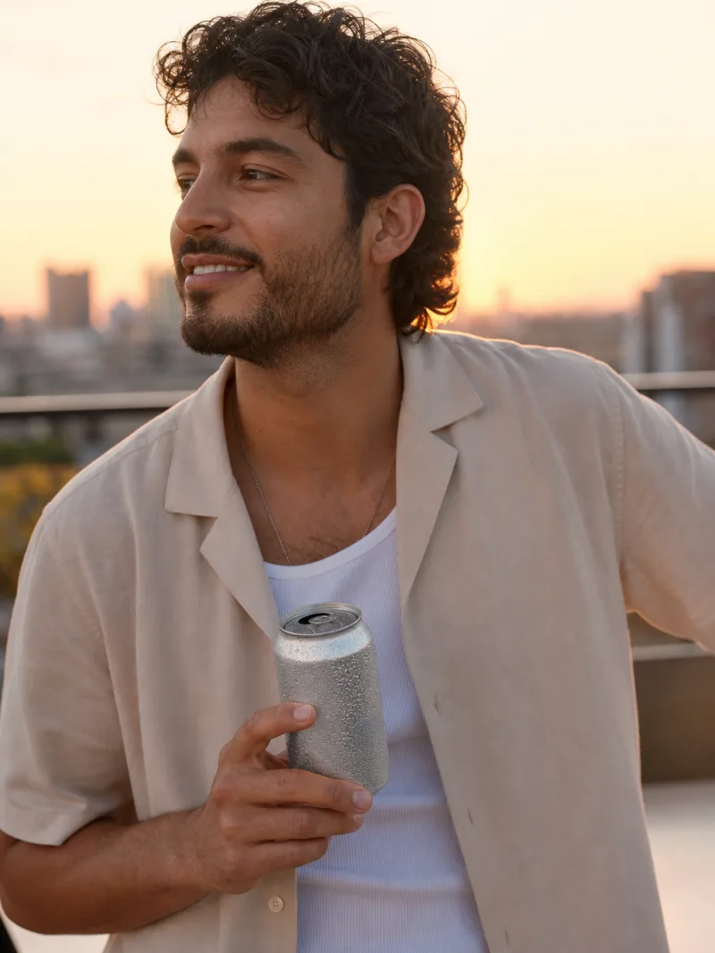 AI beverage lifestyle shot — model with a sparkling drink at golden hour