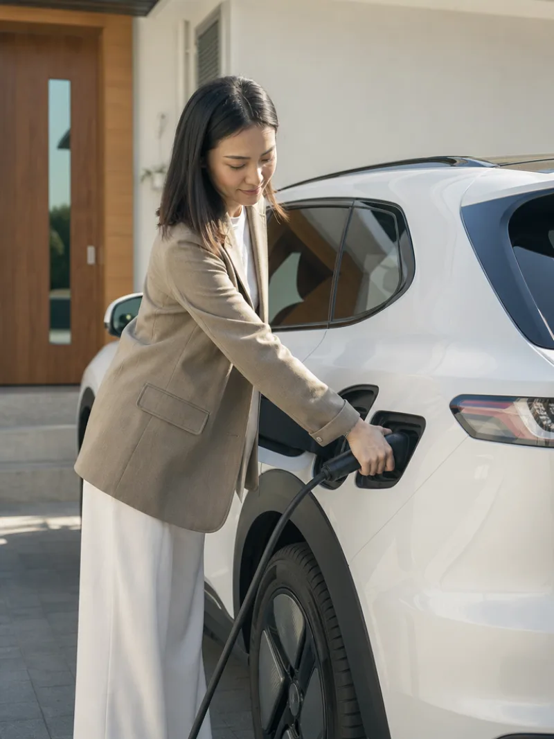 AI EV lifestyle advertisement — model charging an electric SUV