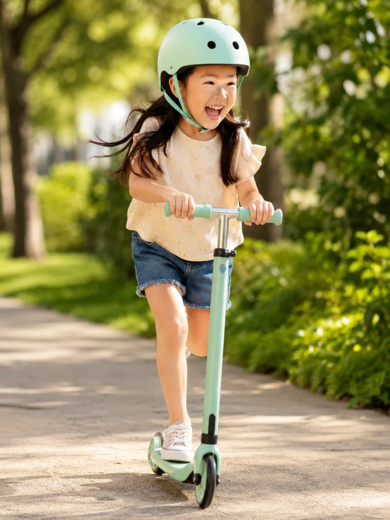 AI kids product campaign — girl with scooter and helmet in a park
