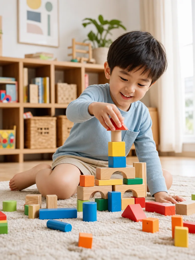 AI toy product lifestyle — child playing with wooden blocks