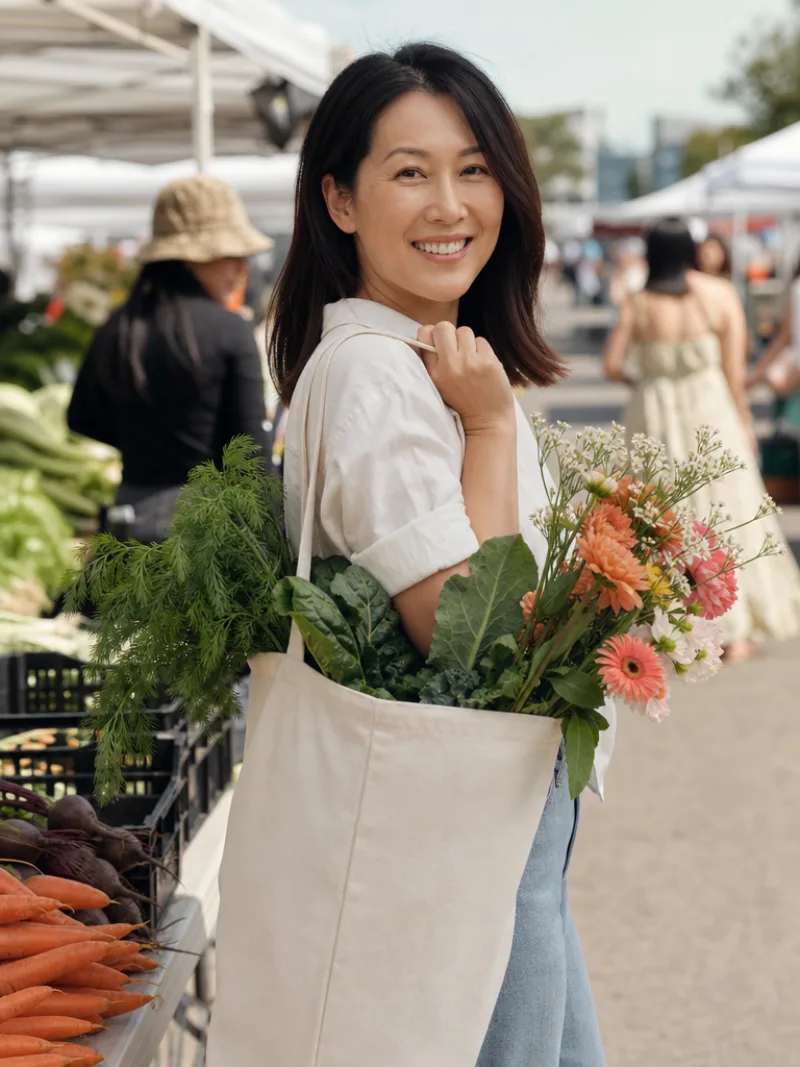AI everyday lifestyle shot — model with fresh-produce tote at a market