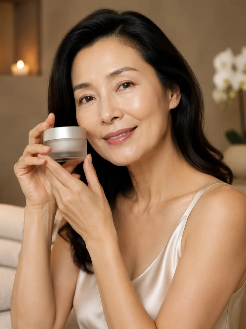 Skincare cream jar styled in a warm, natural campaign scene