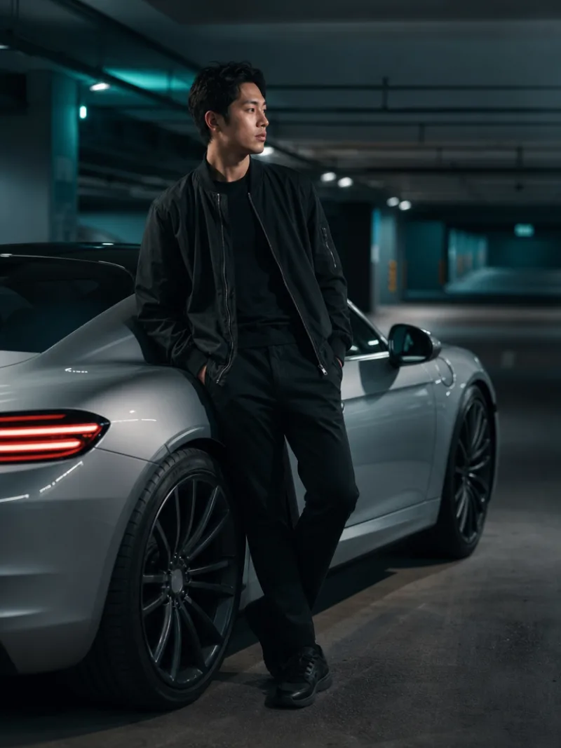 AI automotive lifestyle shot — model with a silver sports coupe