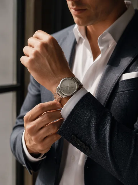 Steel watch on a wrist in close product detail